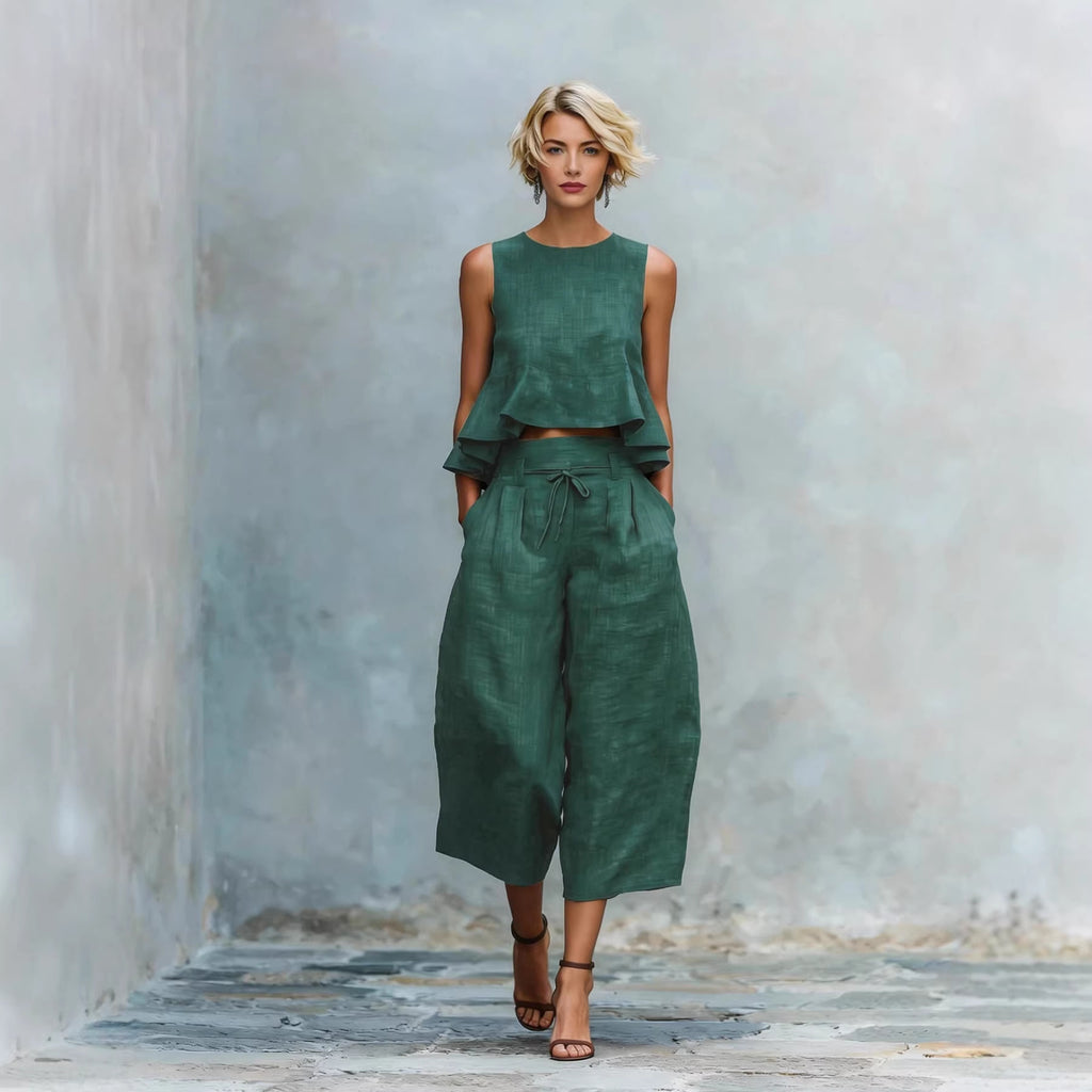 Ruffled Suits Summer Round Neck Sleeveless Top And Loose Wide-leg Pants Casual Fashion Straight Trouser Set