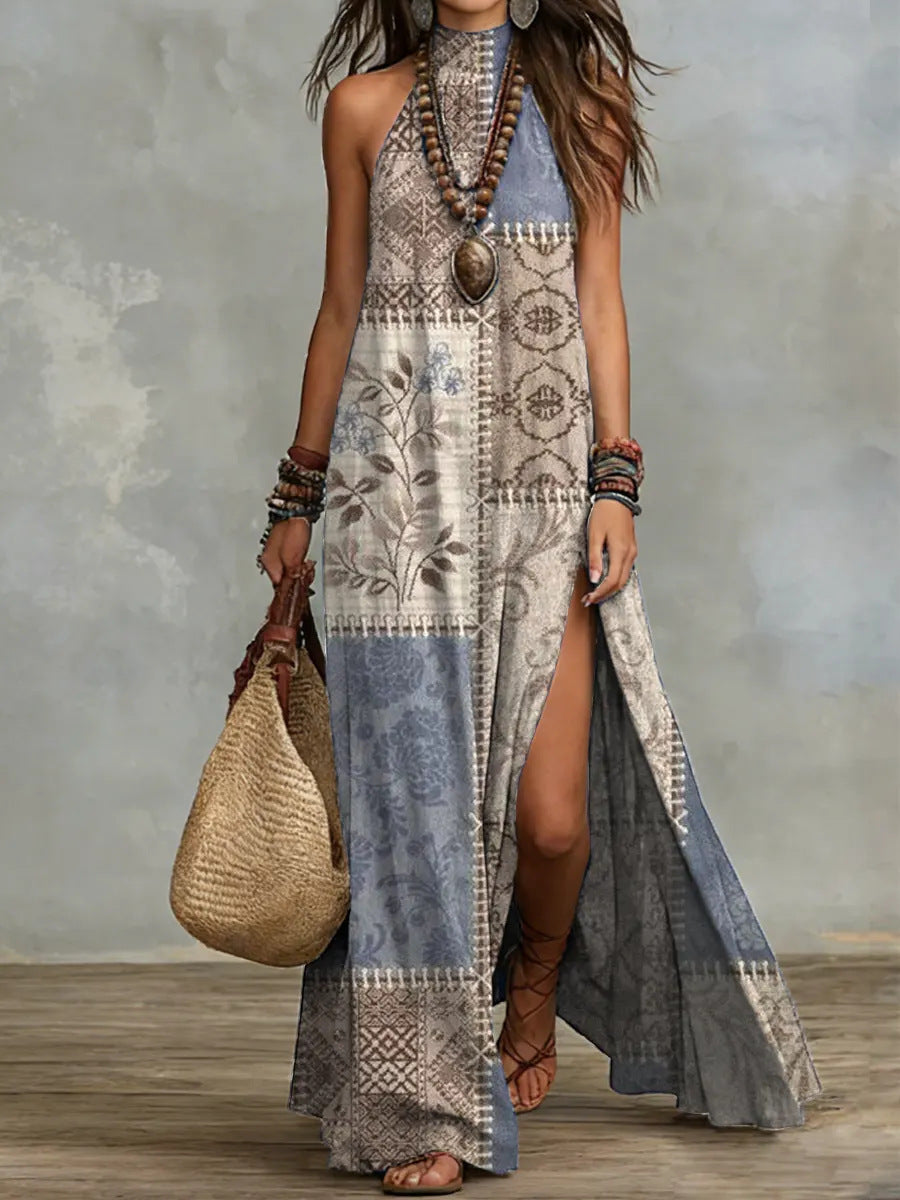 Split Sleeveless Multicolored Printed Maxi Dress
