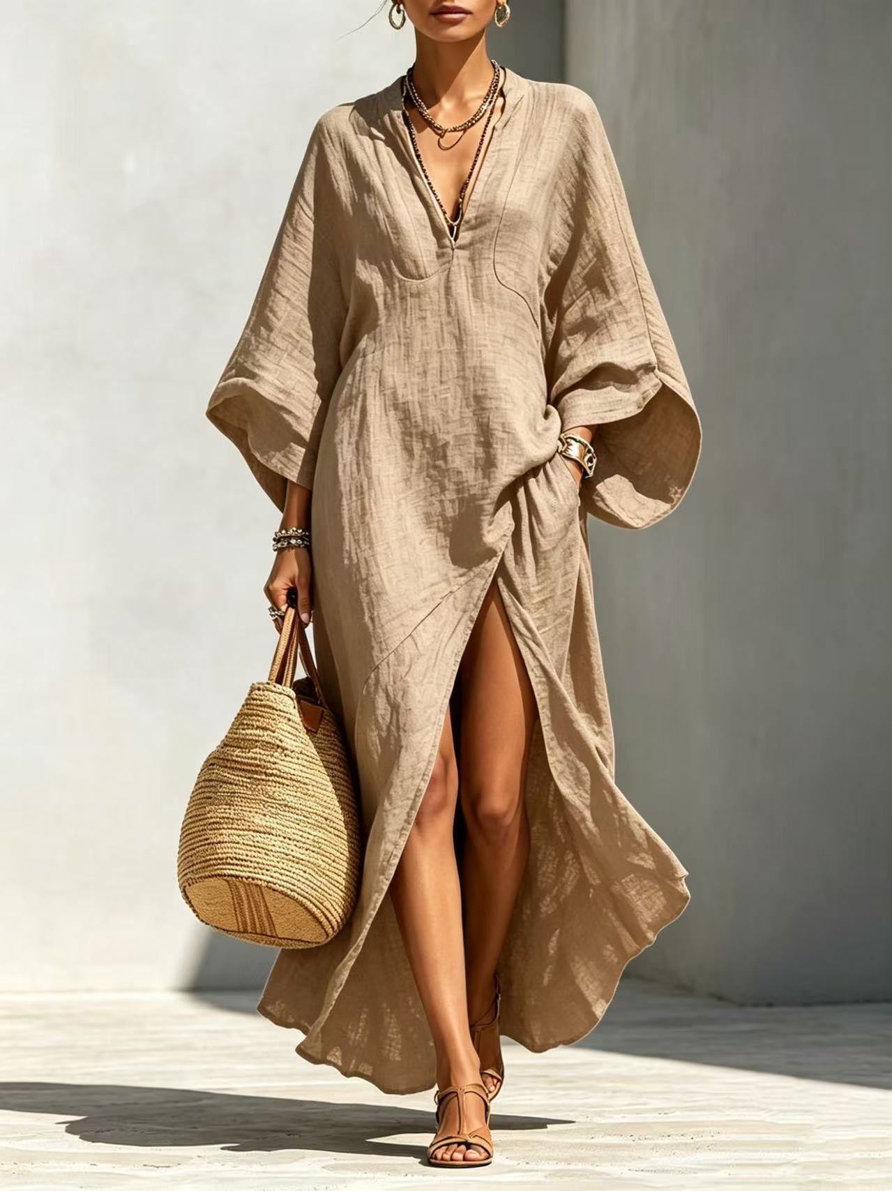 Batwing-sleeve Loose-fitting Maxi-length Resort Dress
