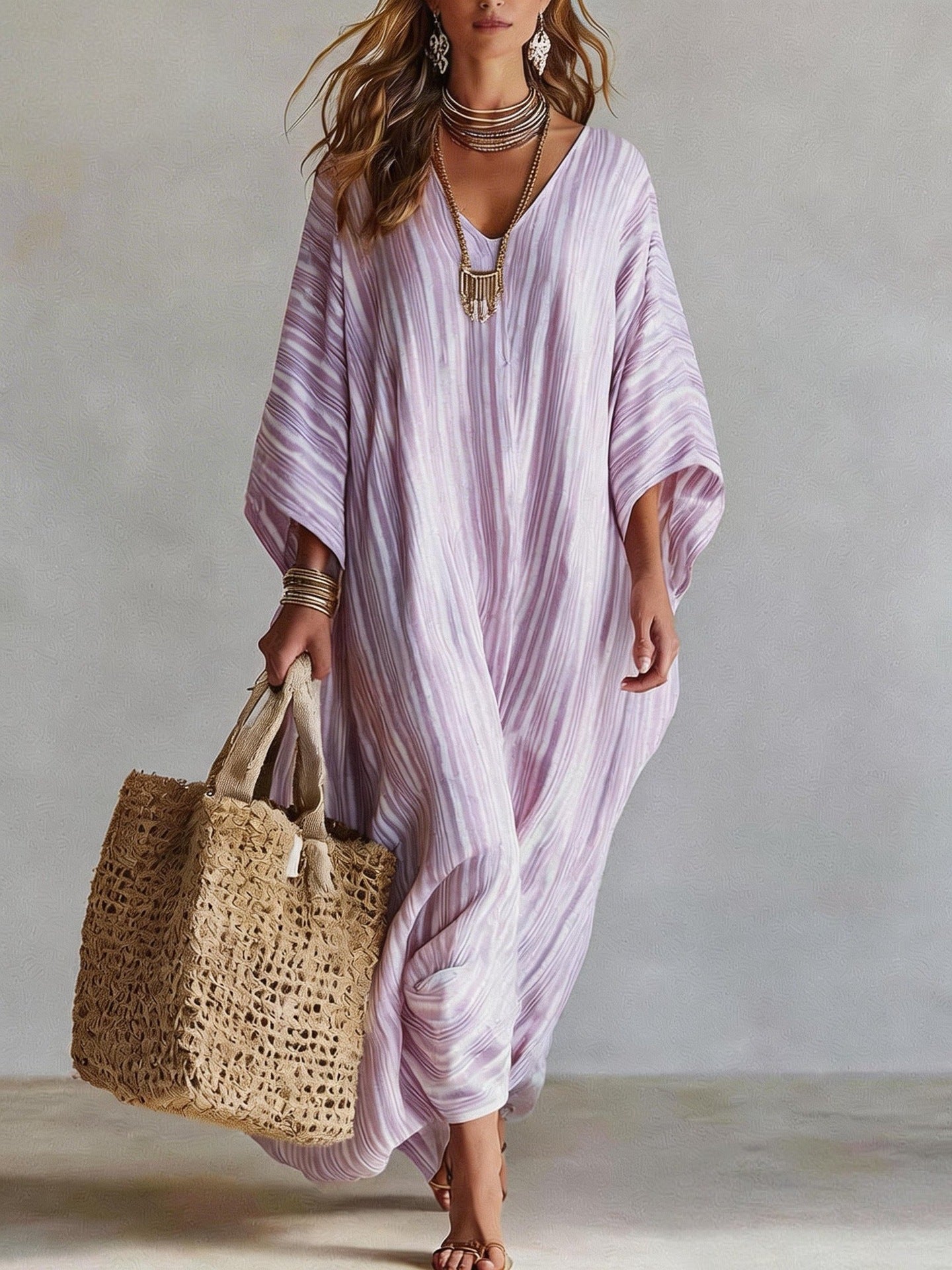 Linen V-neck Three-Quarter Sleeve Kaftan Long-Sleeve Womens