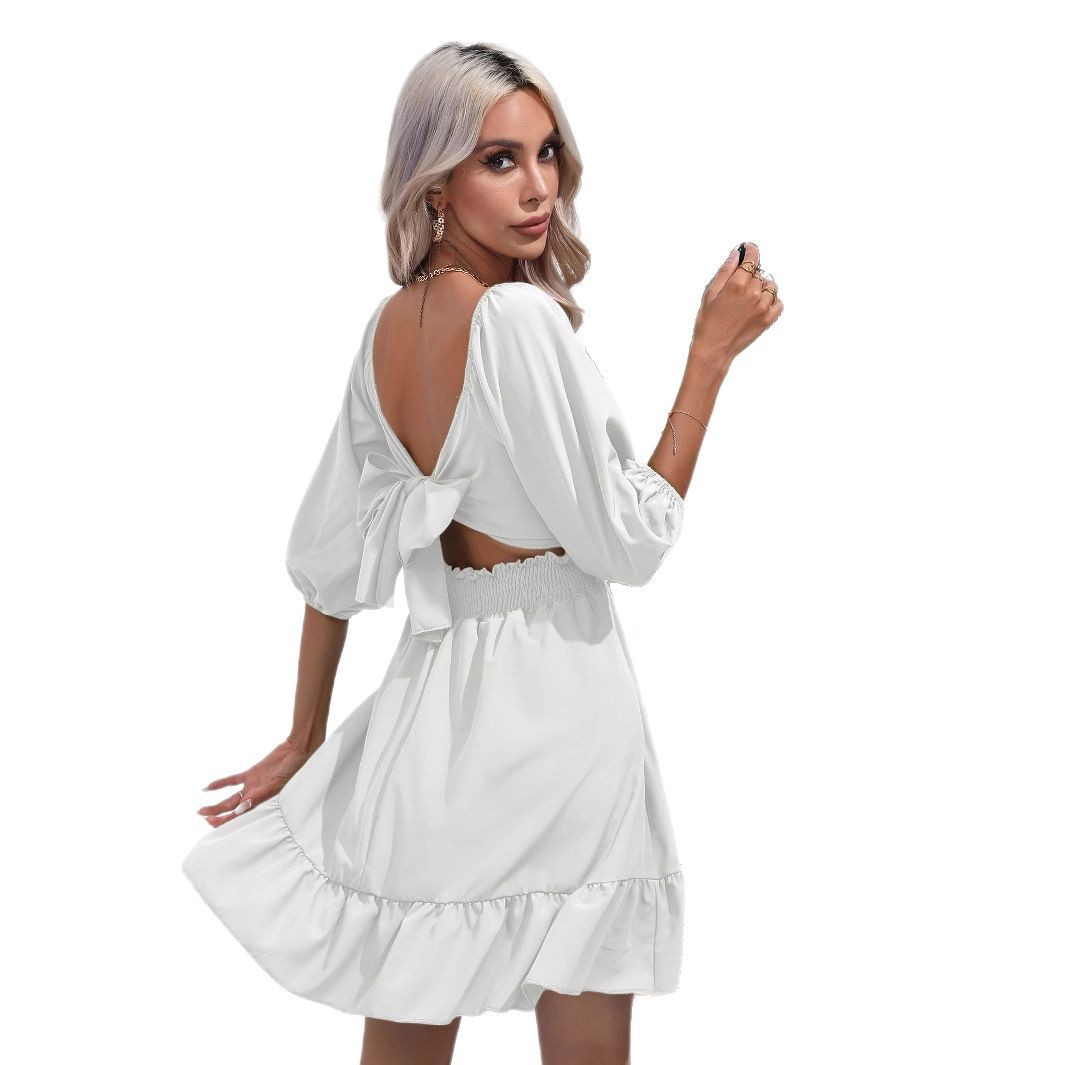 Women's Ruffle-trimmed Square-neck Lace-up Dress