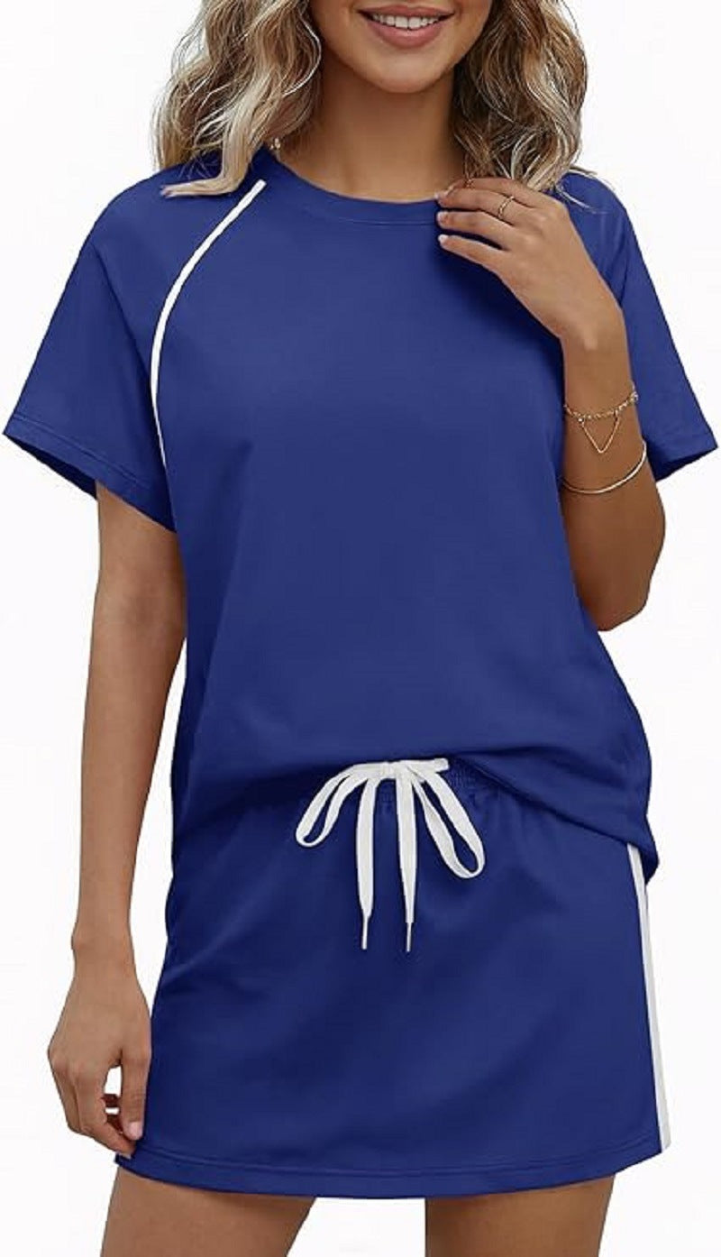 Round-neck Short-sleeve Drawstring Athletic Casual Fashion Set
