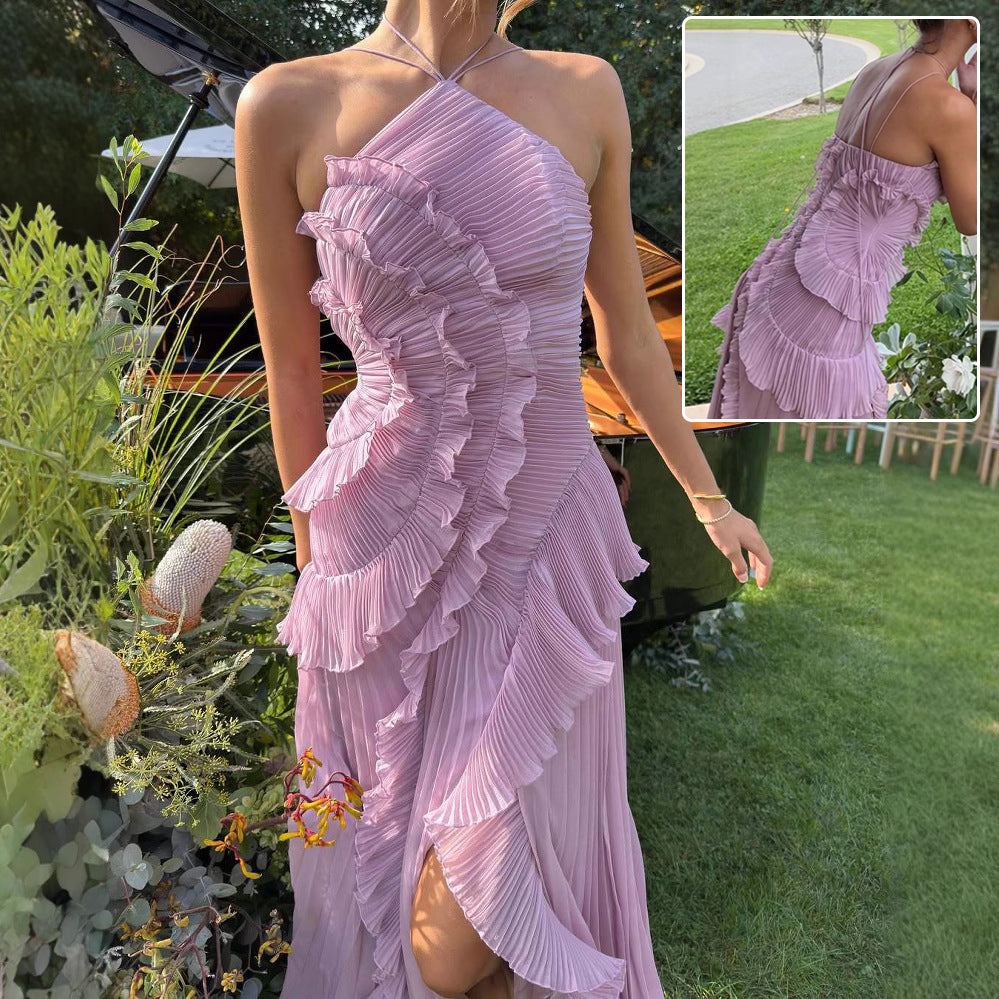 Ruffled Pleated Halterneck Dress Summer Irregular Hem Dresses Party Club Evening Gown Clothing