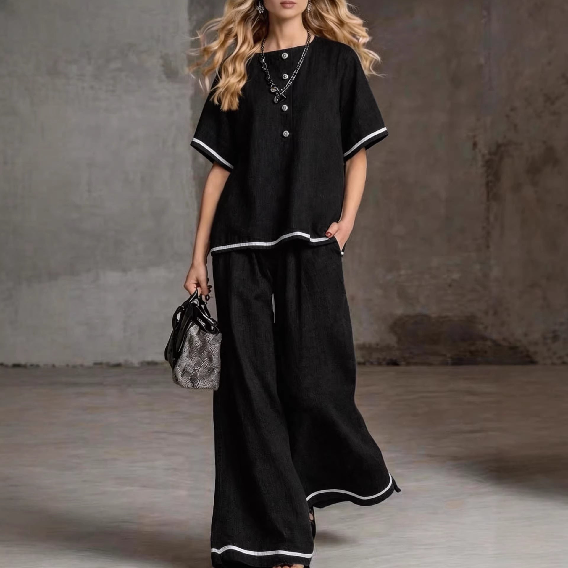 Contrast-color Wide-leg Pants Suit, Linen Casual Fashion Two-piece Set