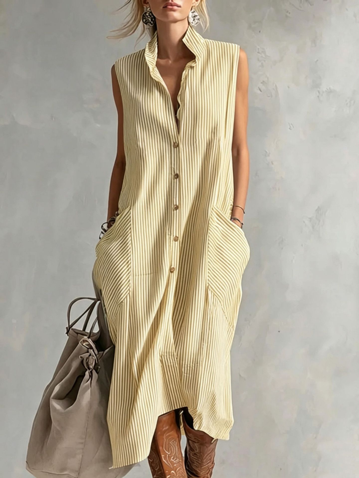 New Lapel-Neckline Pocketed Striped Sleeveless Button-Up Casual Dress