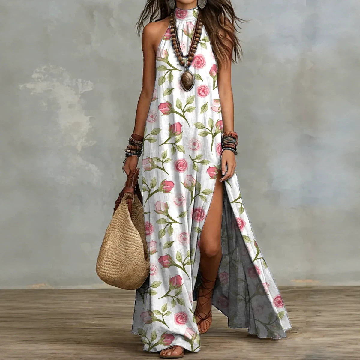 Split Sleeveless Multicolored Printed Maxi Dress