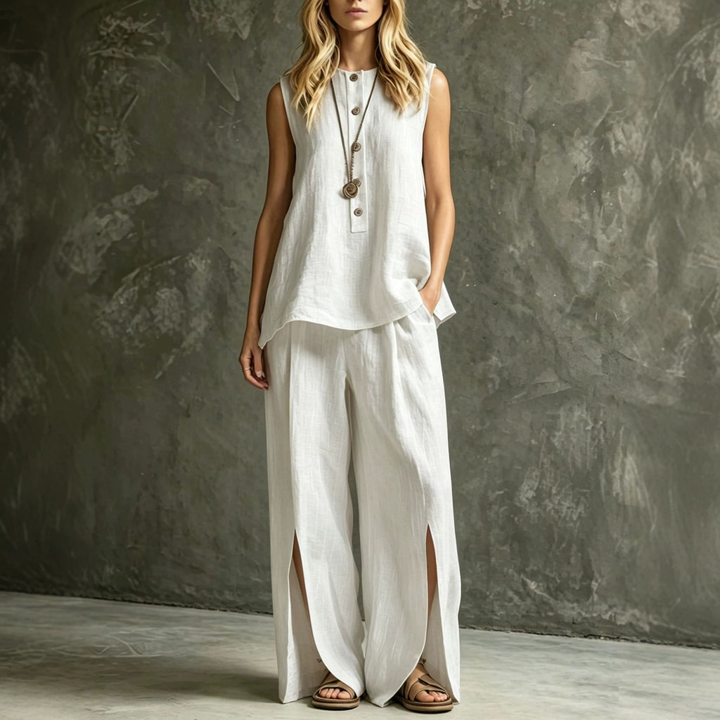 Womens Loose Sleeveless Tank Top And Slit Wide-Leg Pants Set