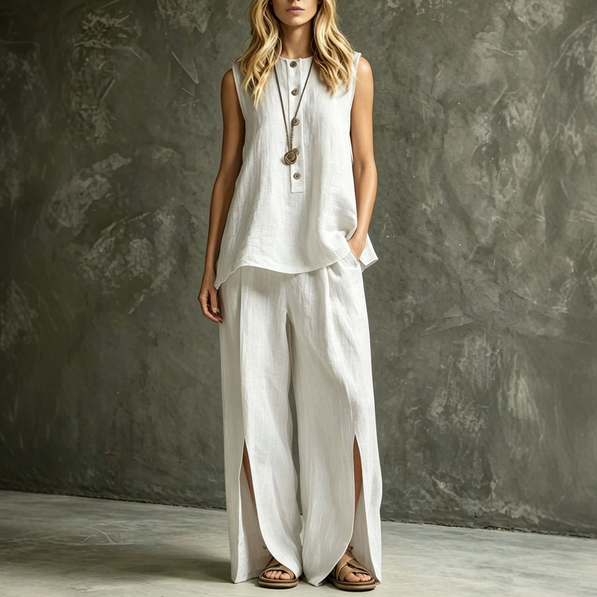 Womens Loose Sleeveless Tank Top And Slit Wide-Leg Pants Set