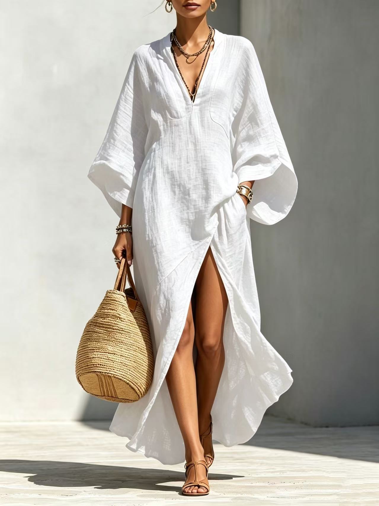 Batwing-sleeve Loose-fitting Maxi-length Resort Dress