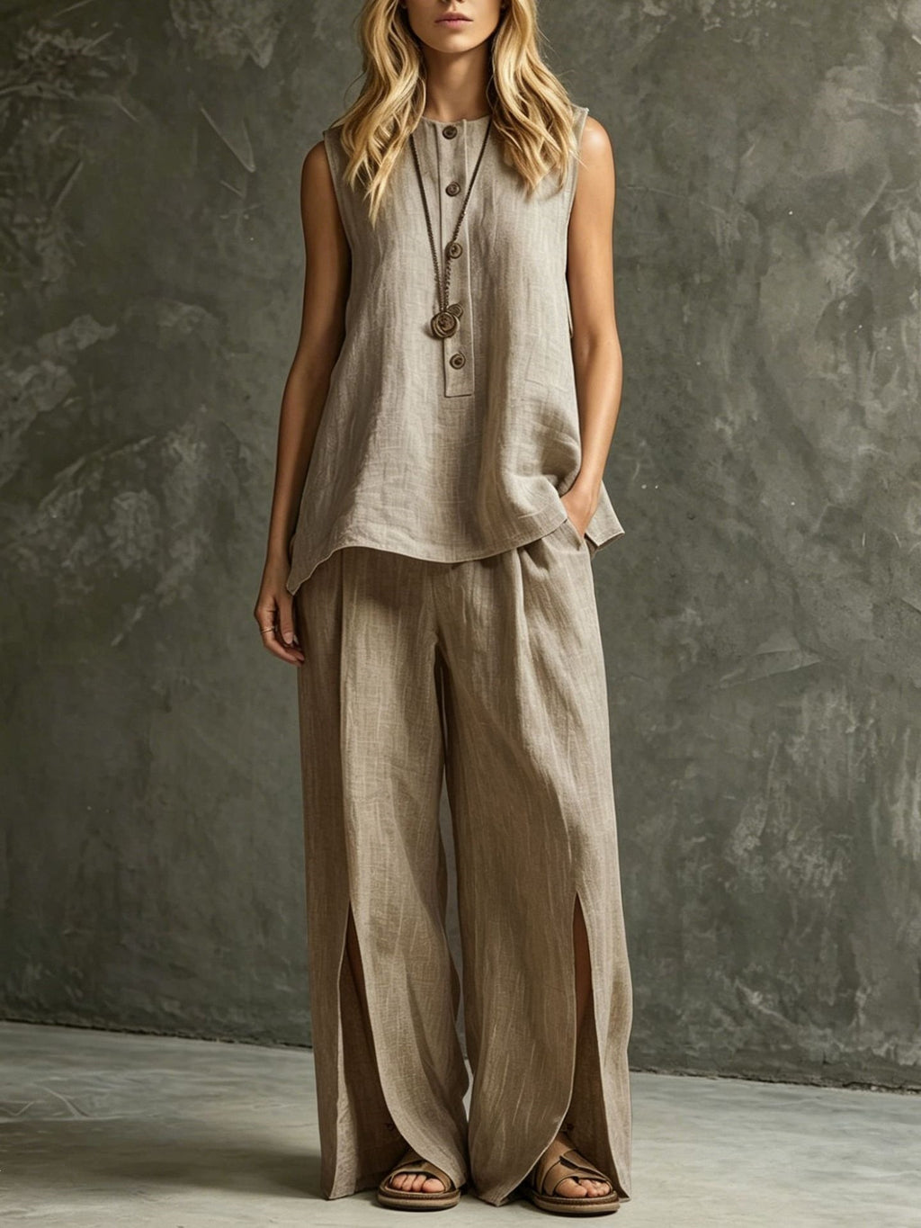 Womens Loose Sleeveless Tank Top And Slit Wide-Leg Pants Set