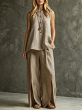 Womens Loose Sleeveless Tank Top And Slit Wide-Leg Pants Set
