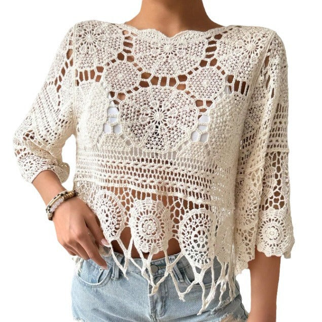 Crochet Hollow-Out Knit Top Solid Color Beach Bikini Cover-Up Skin-Friendly Tassel Casual Blouse