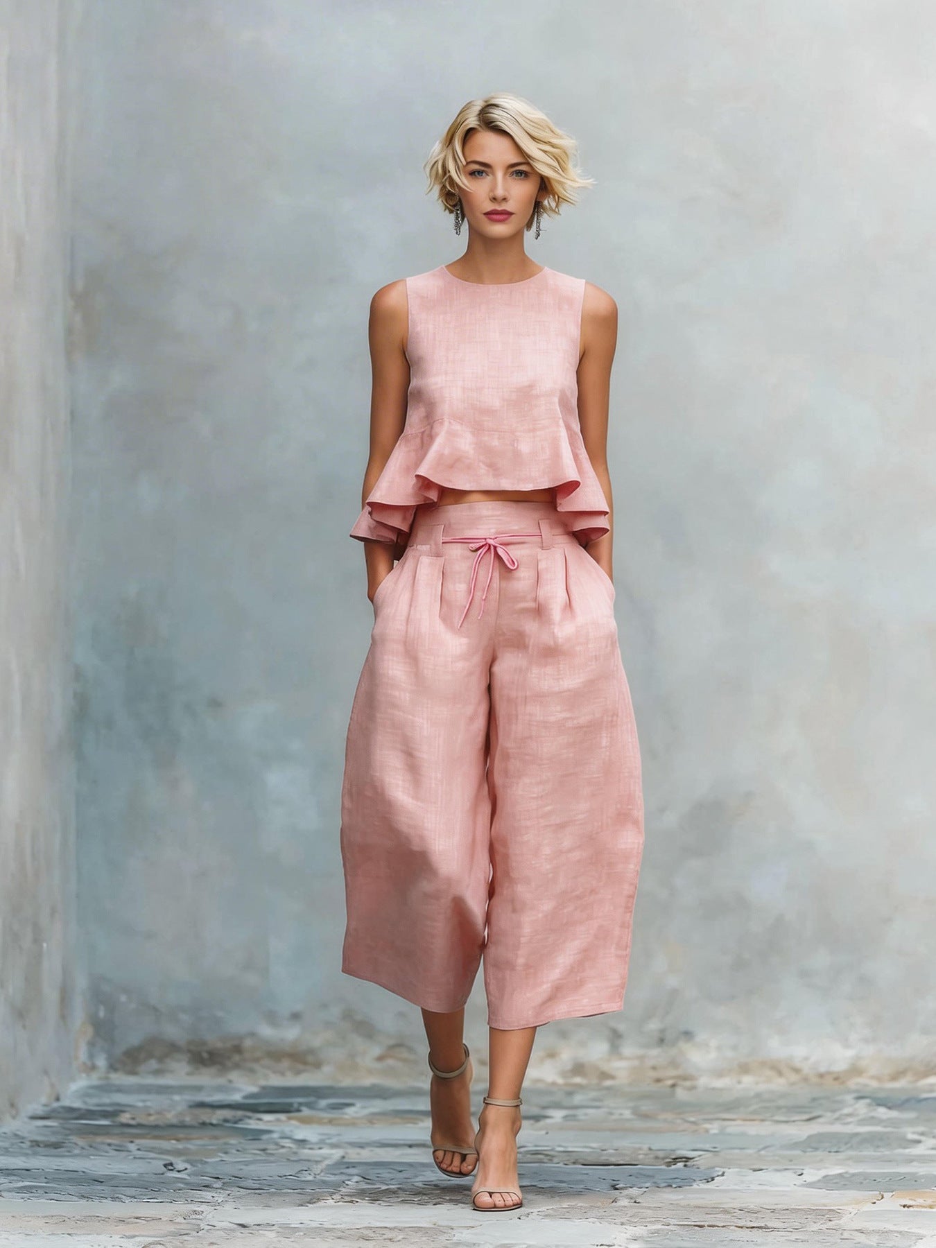 Ruffled Suits Summer Round Neck Sleeveless Top And Loose Wide-leg Pants Casual Fashion Straight Trouser Set