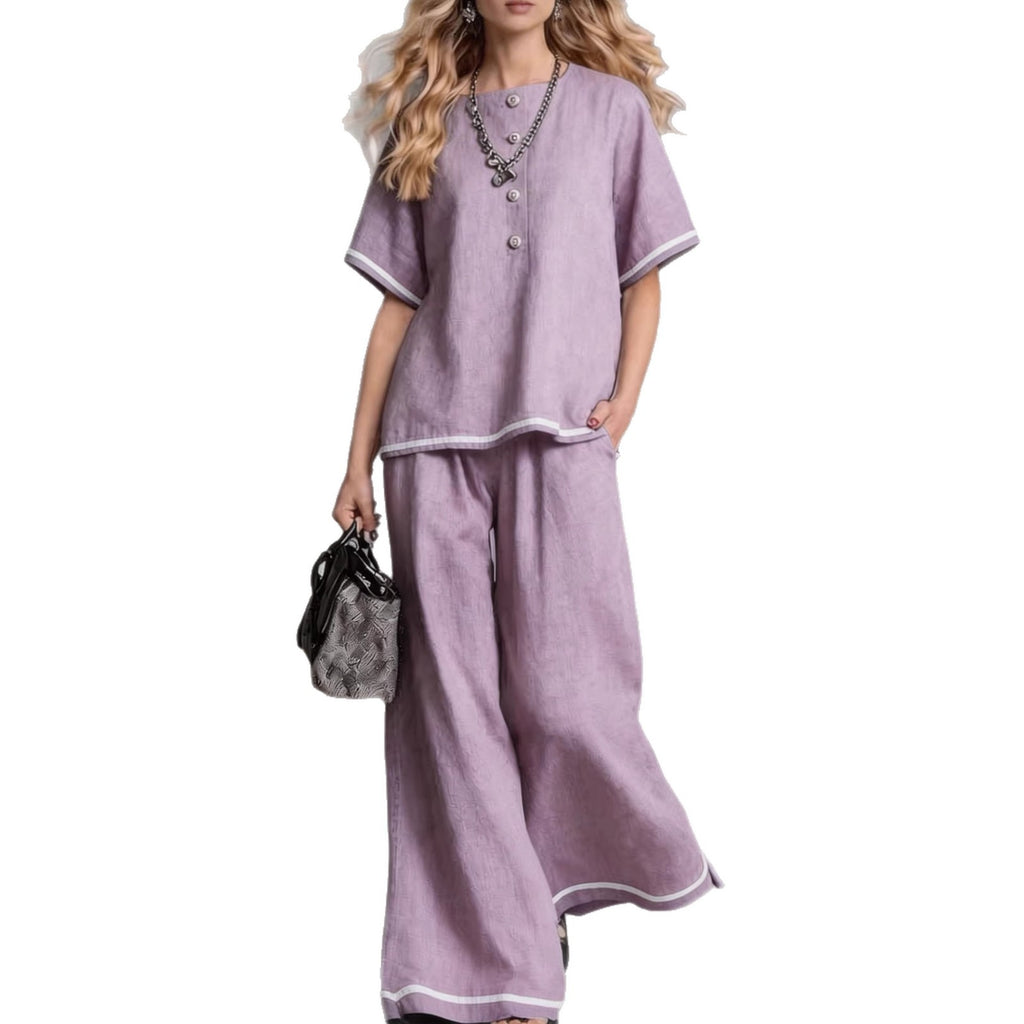 Contrast-color Wide-leg Pants Suit, Linen Casual Fashion Two-piece Set