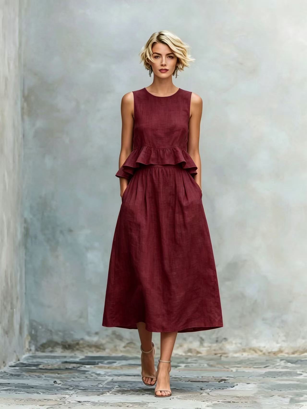 Sleeveless Crew-Neck High-Waisted Ruffle-Trim Resort-Style Dress