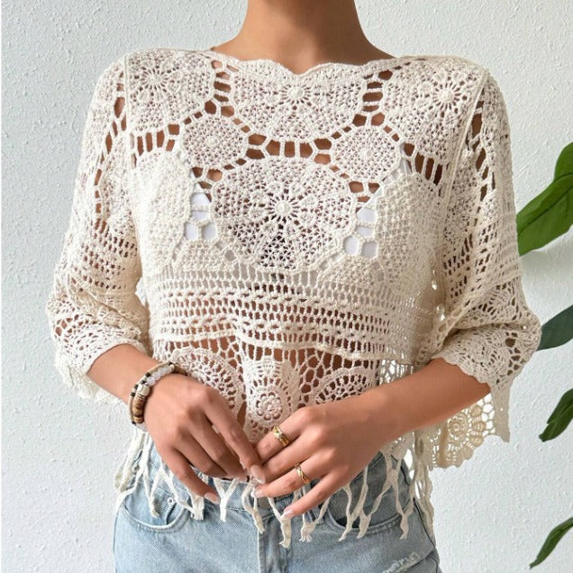 Crochet Hollow-Out Knit Top Solid Color Beach Bikini Cover-Up Skin-Friendly Tassel Casual Blouse