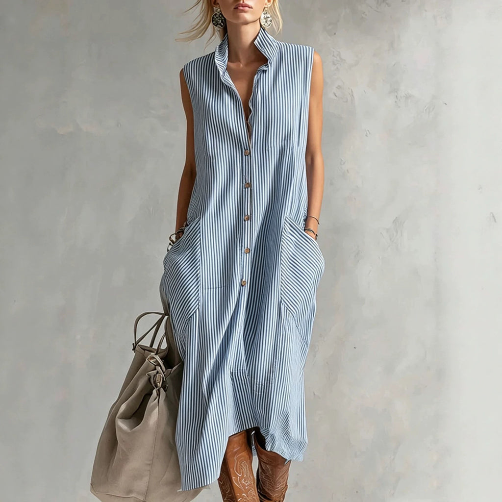 New Lapel-Neckline Pocketed Striped Sleeveless Button-Up Casual Dress