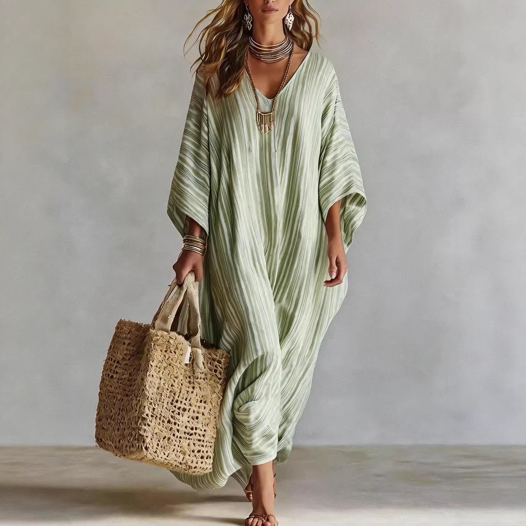 Linen V-neck Three-Quarter Sleeve Kaftan Long-Sleeve Womens
