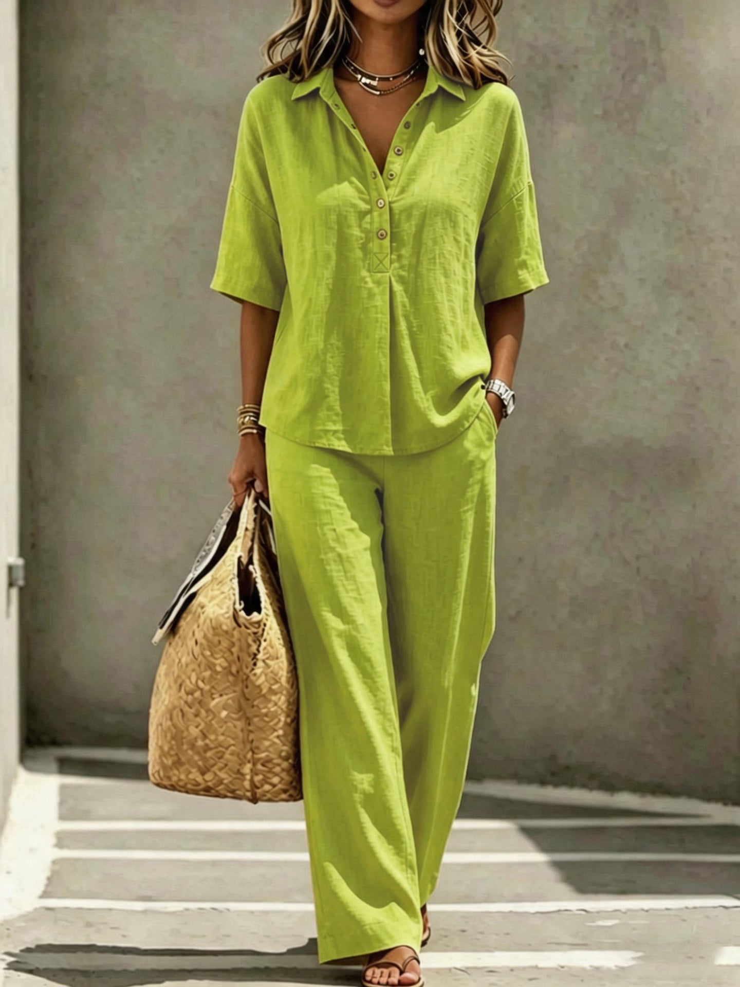 Womens Polo-Neck Button-Up Top And Wide-Leg Pants Two-Piece Set