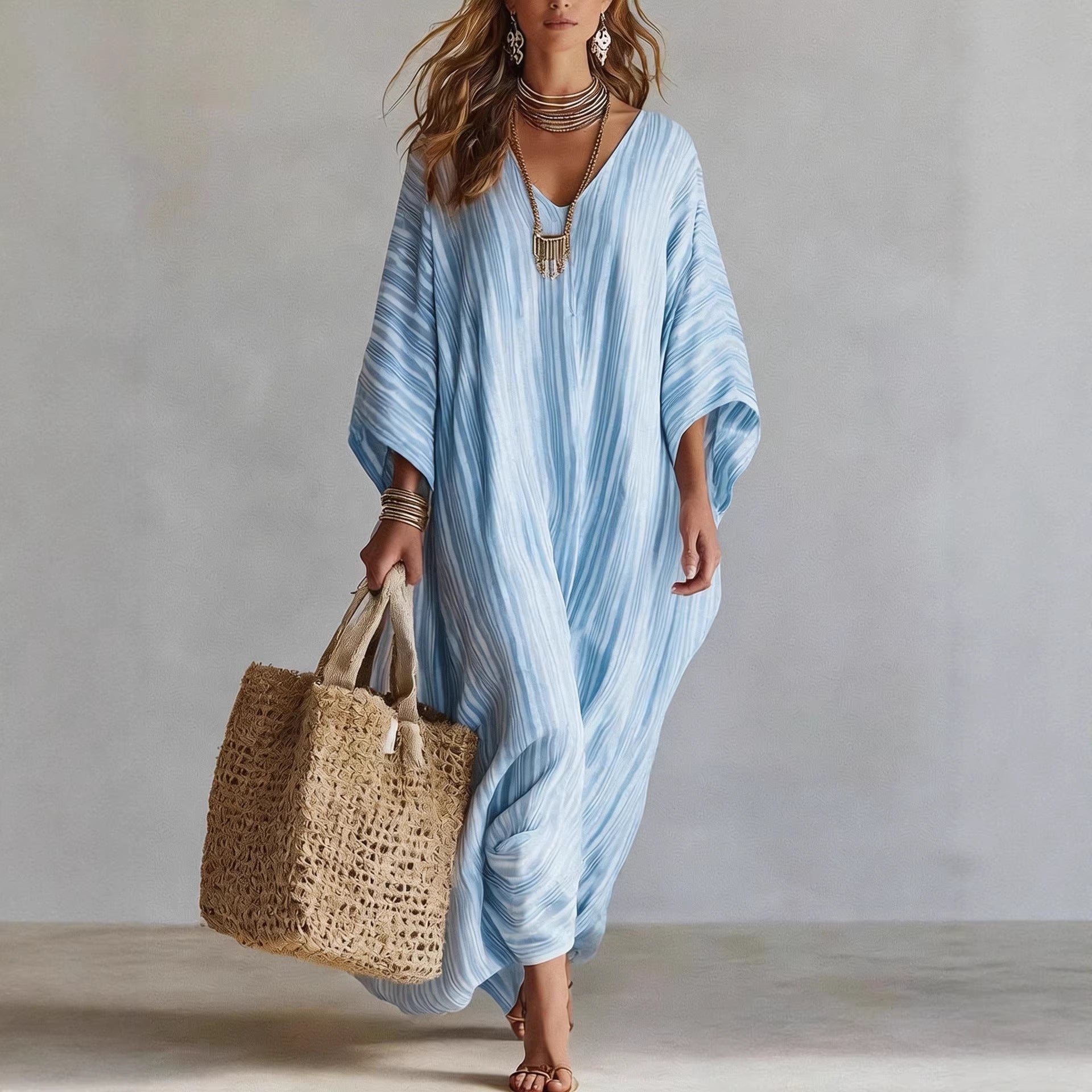 Linen V-neck Three-Quarter Sleeve Kaftan Long-Sleeve Womens