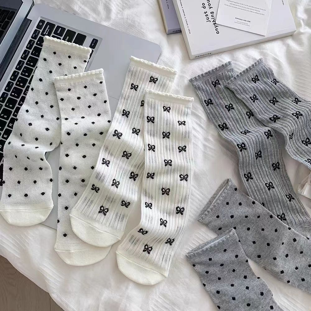 Coquette Polka Dot & Bow Print Crew Socks, Ruffle Cuff Knit Socks, Women's Sweet Casual Socks For Everyday & Preppy Style