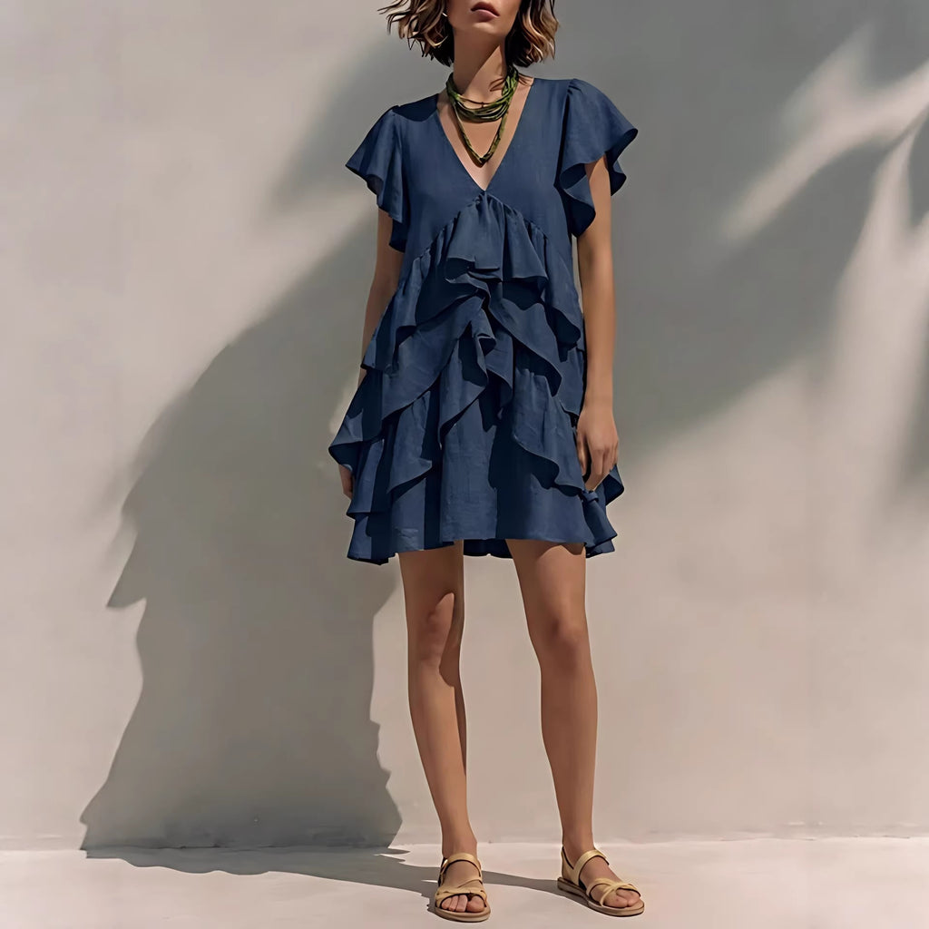 Women's V-Neck Ruffled-Edge Short-Sleeve Casual Loose Dress