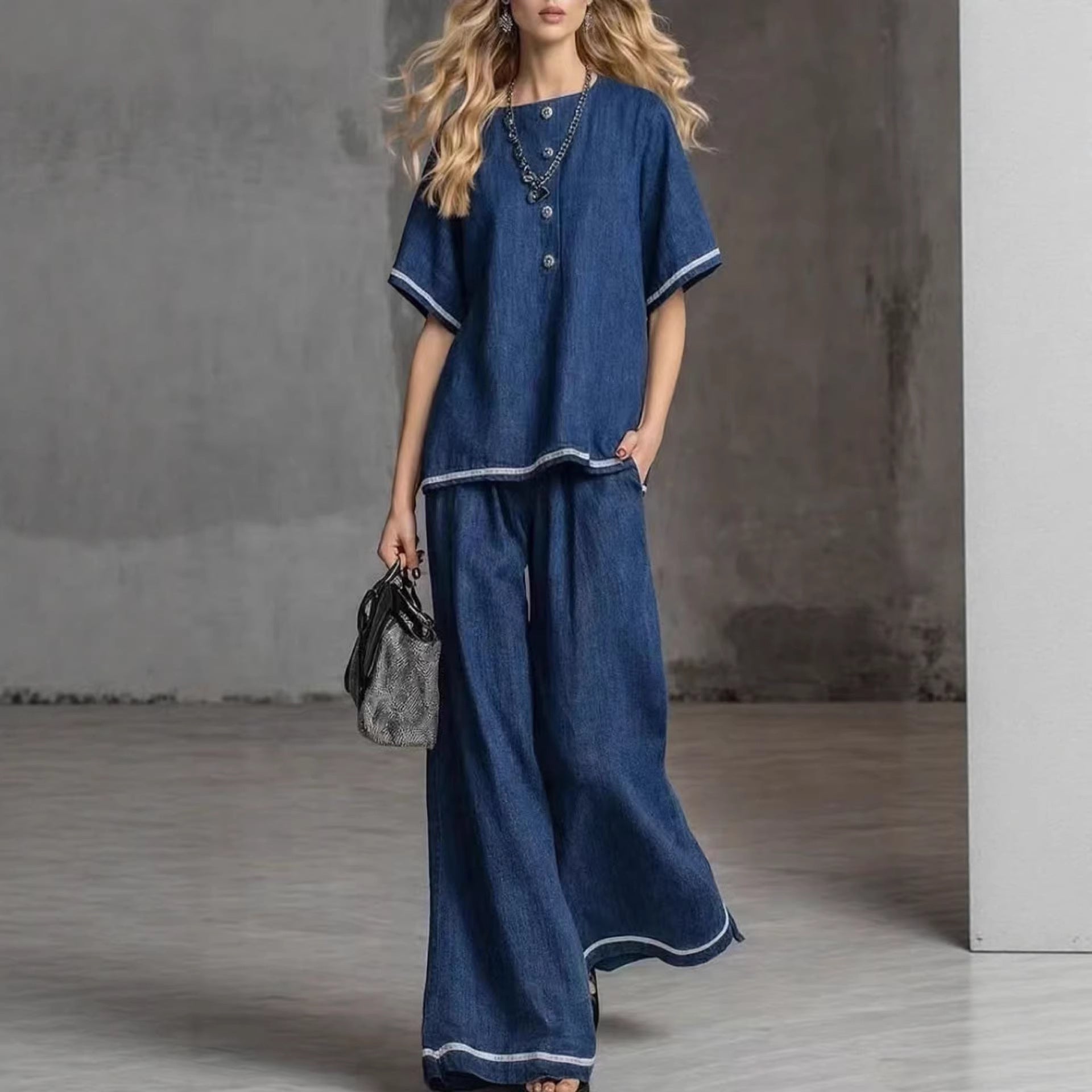 Contrast-color Wide-leg Pants Suit, Linen Casual Fashion Two-piece Set
