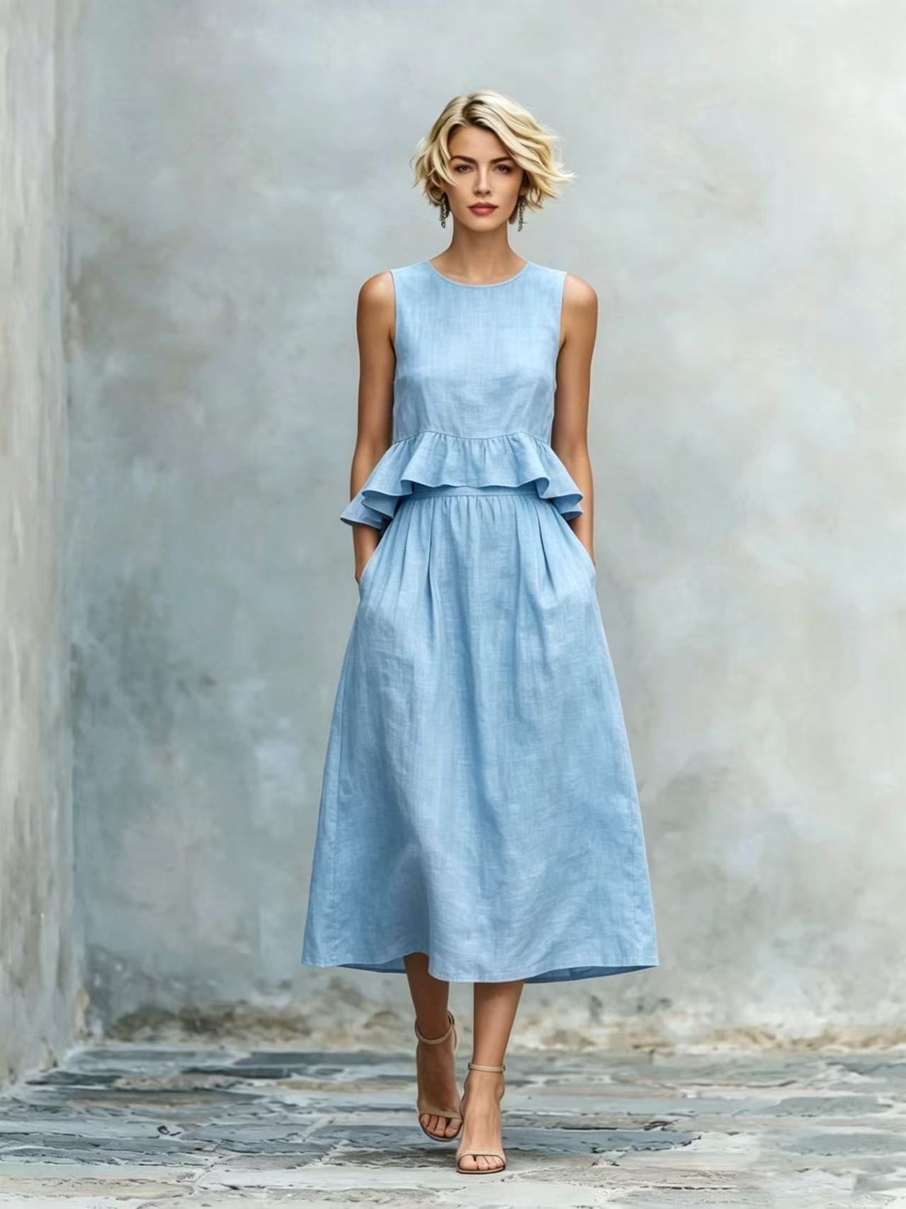 Sleeveless Crew-Neck High-Waisted Ruffle-Trim Resort-Style Dress