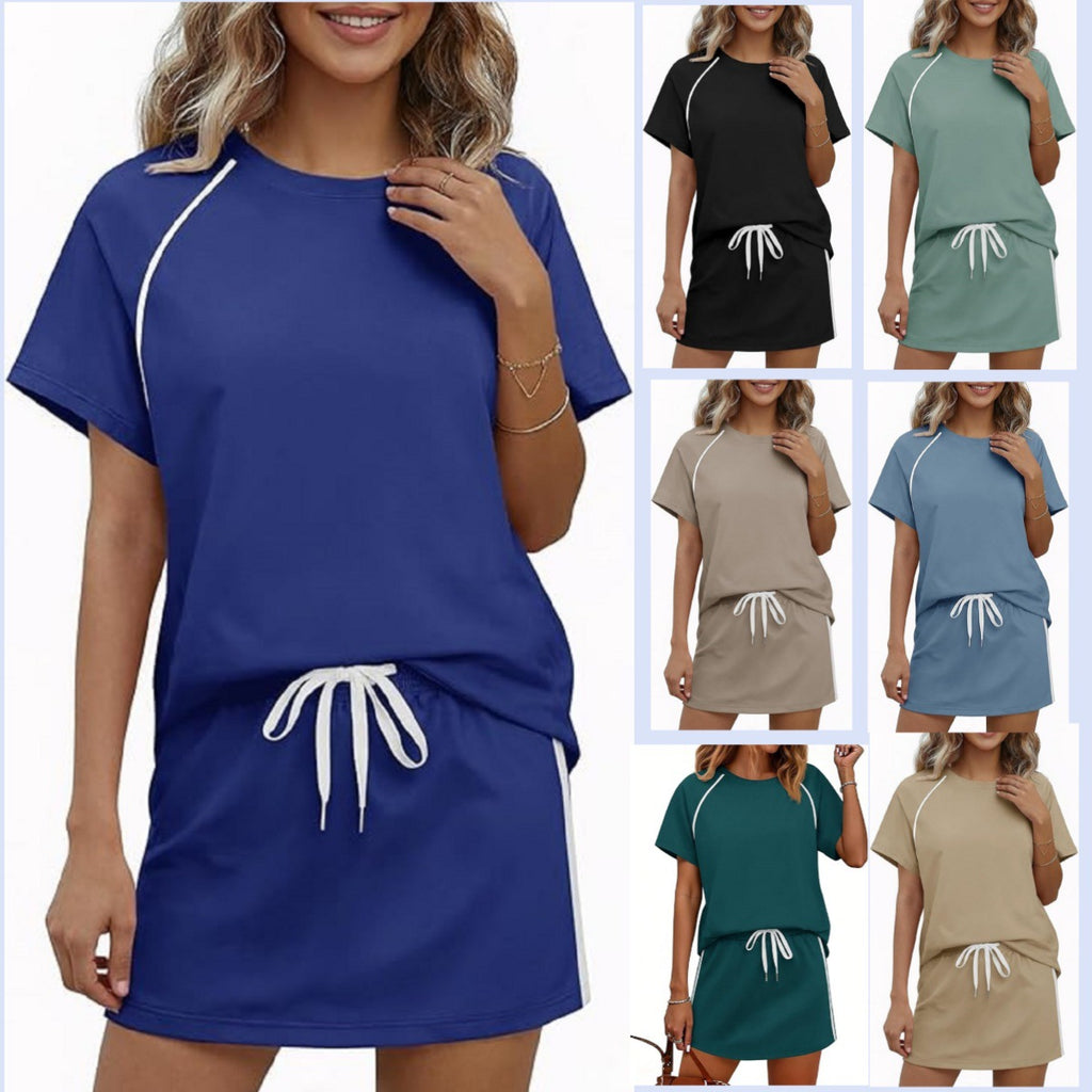 Round-neck Short-sleeve Drawstring Athletic Casual Fashion Set