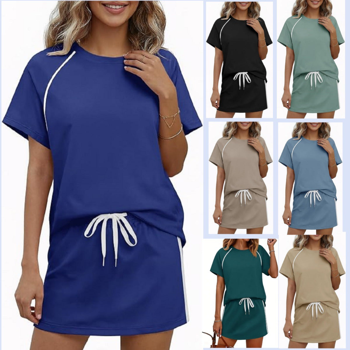 Round-neck Short-sleeve Drawstring Athletic Casual Fashion Set