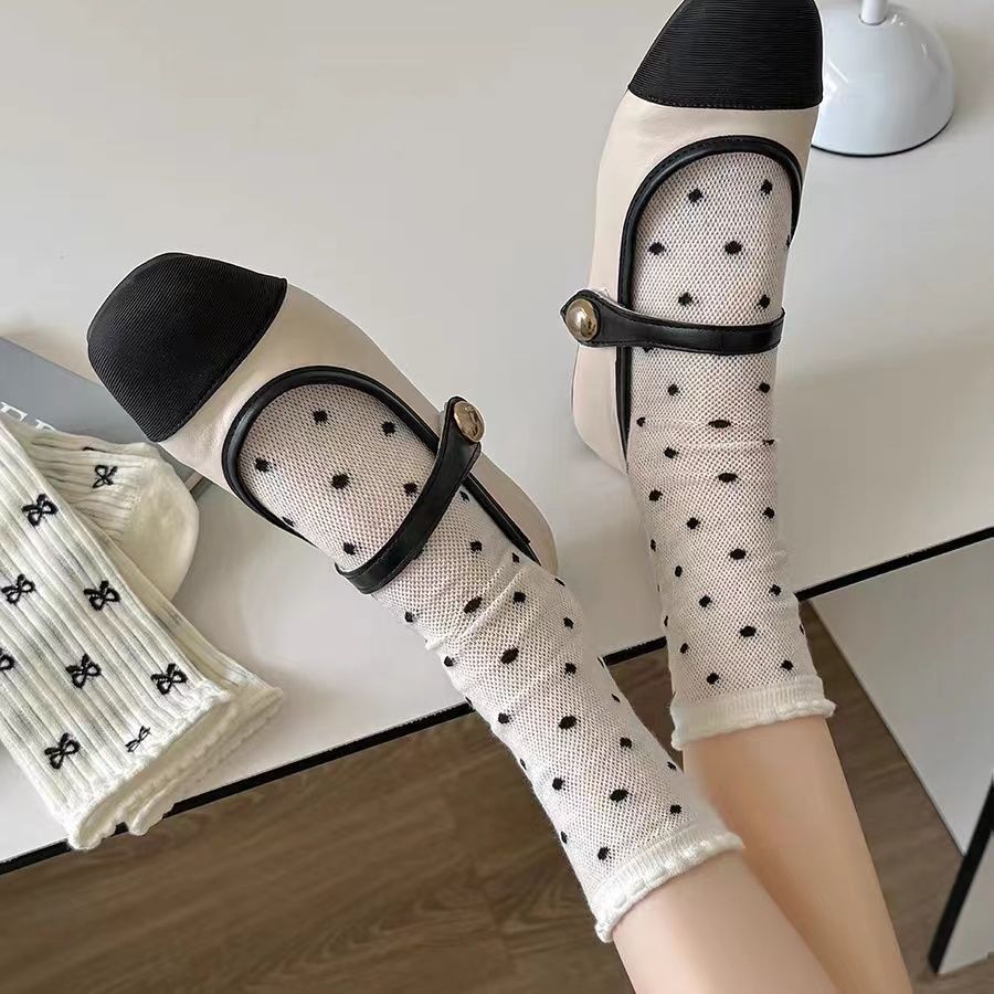 Coquette Polka Dot & Bow Print Crew Socks, Ruffle Cuff Knit Socks, Women's Sweet Casual Socks For Everyday & Preppy Style