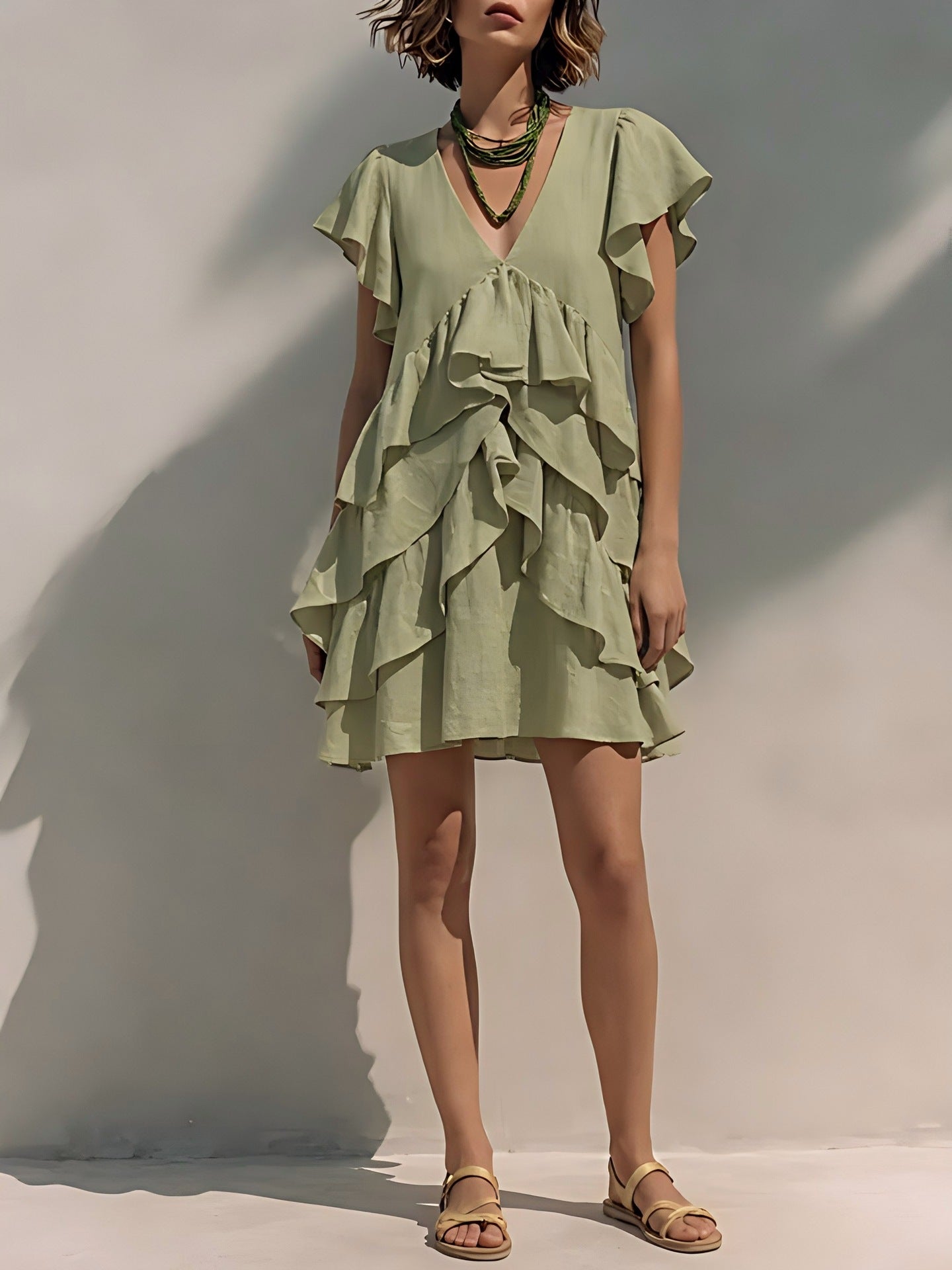 Women's V-Neck Ruffled-Edge Short-Sleeve Casual Loose Dress
