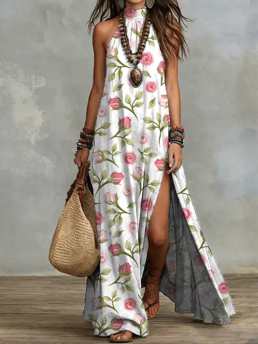 Split Sleeveless Multicolored Printed Maxi Dress