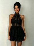 Lace Backless Halter Short Dress