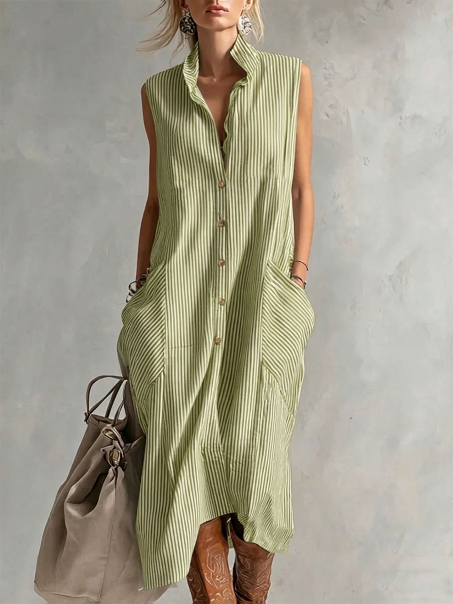 New Lapel-Neckline Pocketed Striped Sleeveless Button-Up Casual Dress