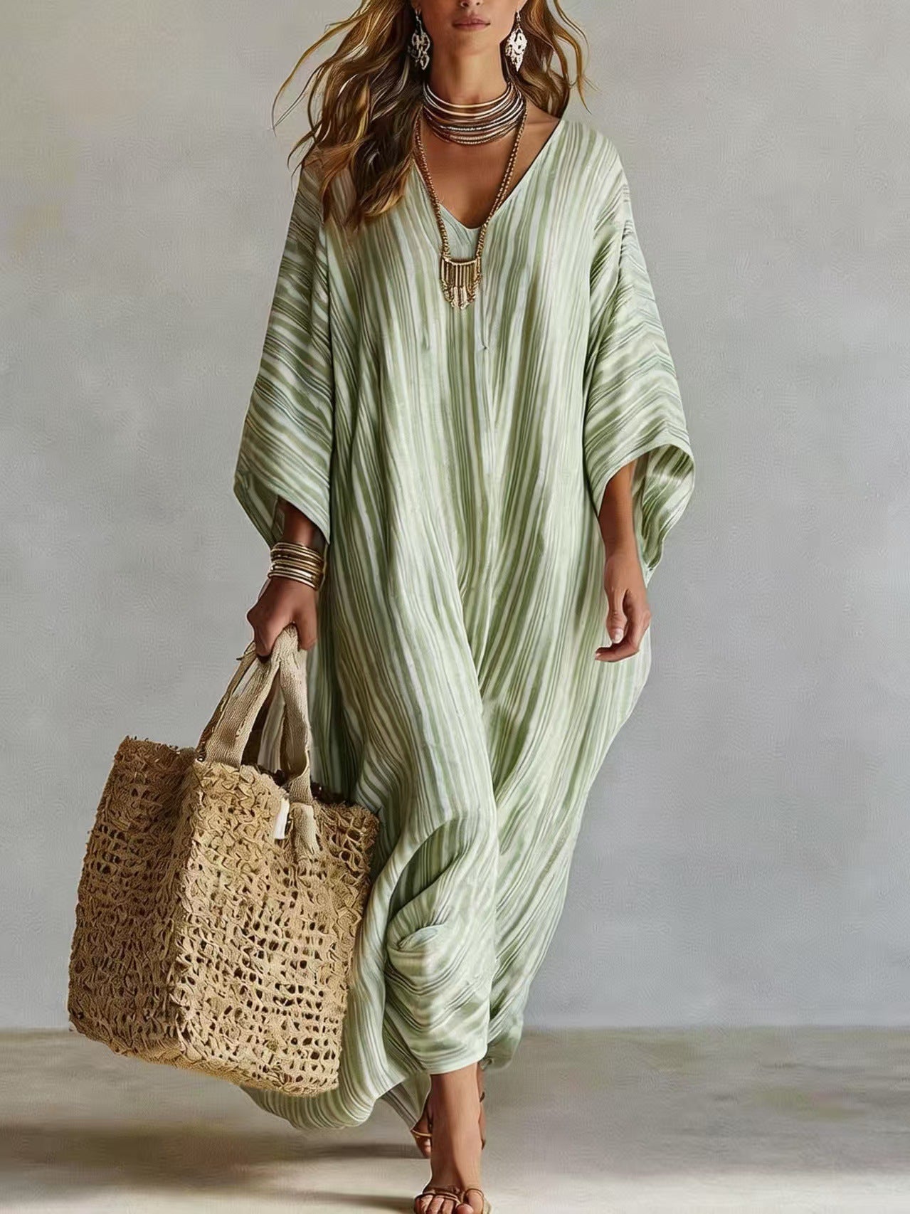 Linen V-neck Three-Quarter Sleeve Kaftan Long-Sleeve Womens