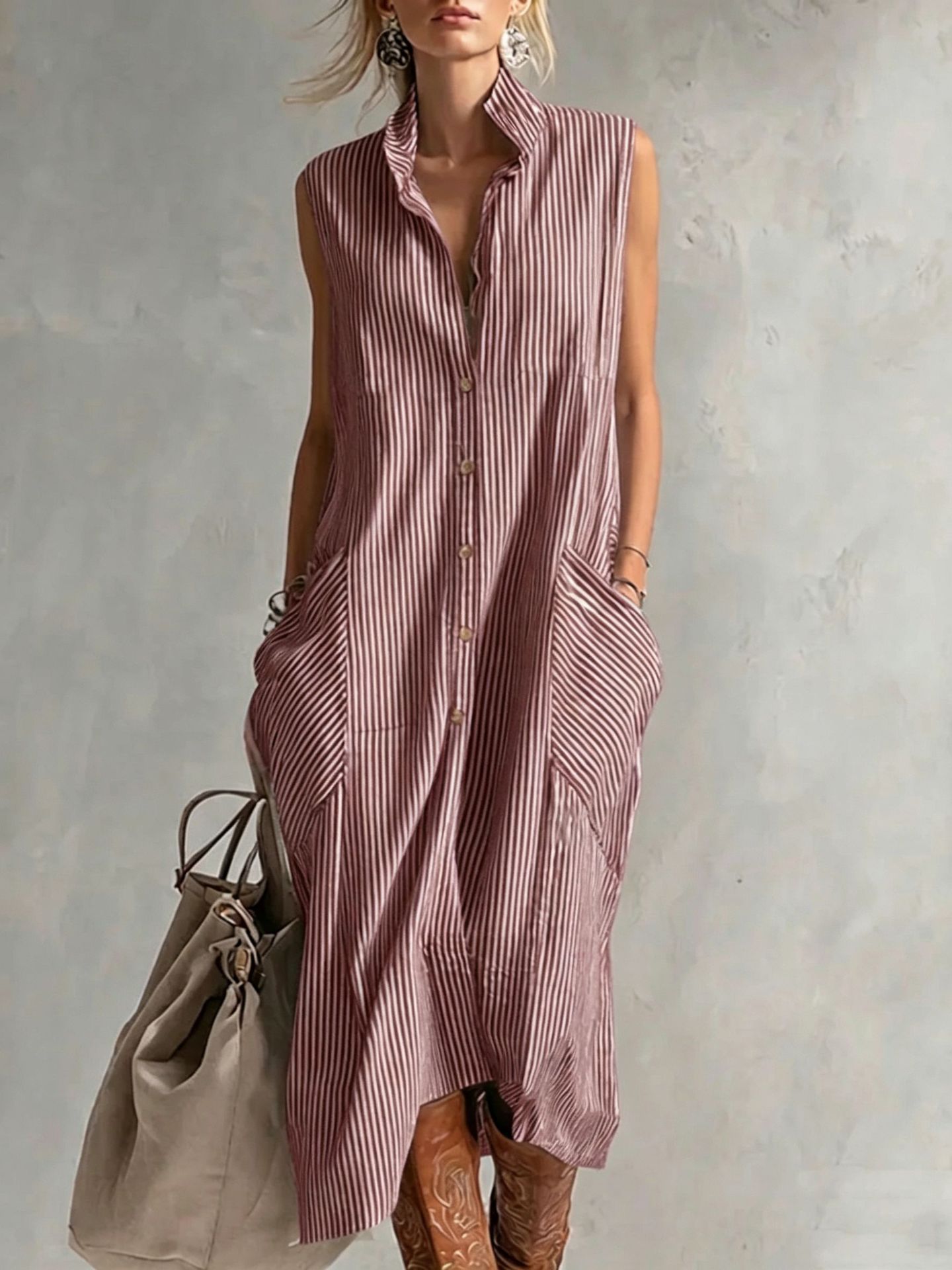 New Lapel-Neckline Pocketed Striped Sleeveless Button-Up Casual Dress
