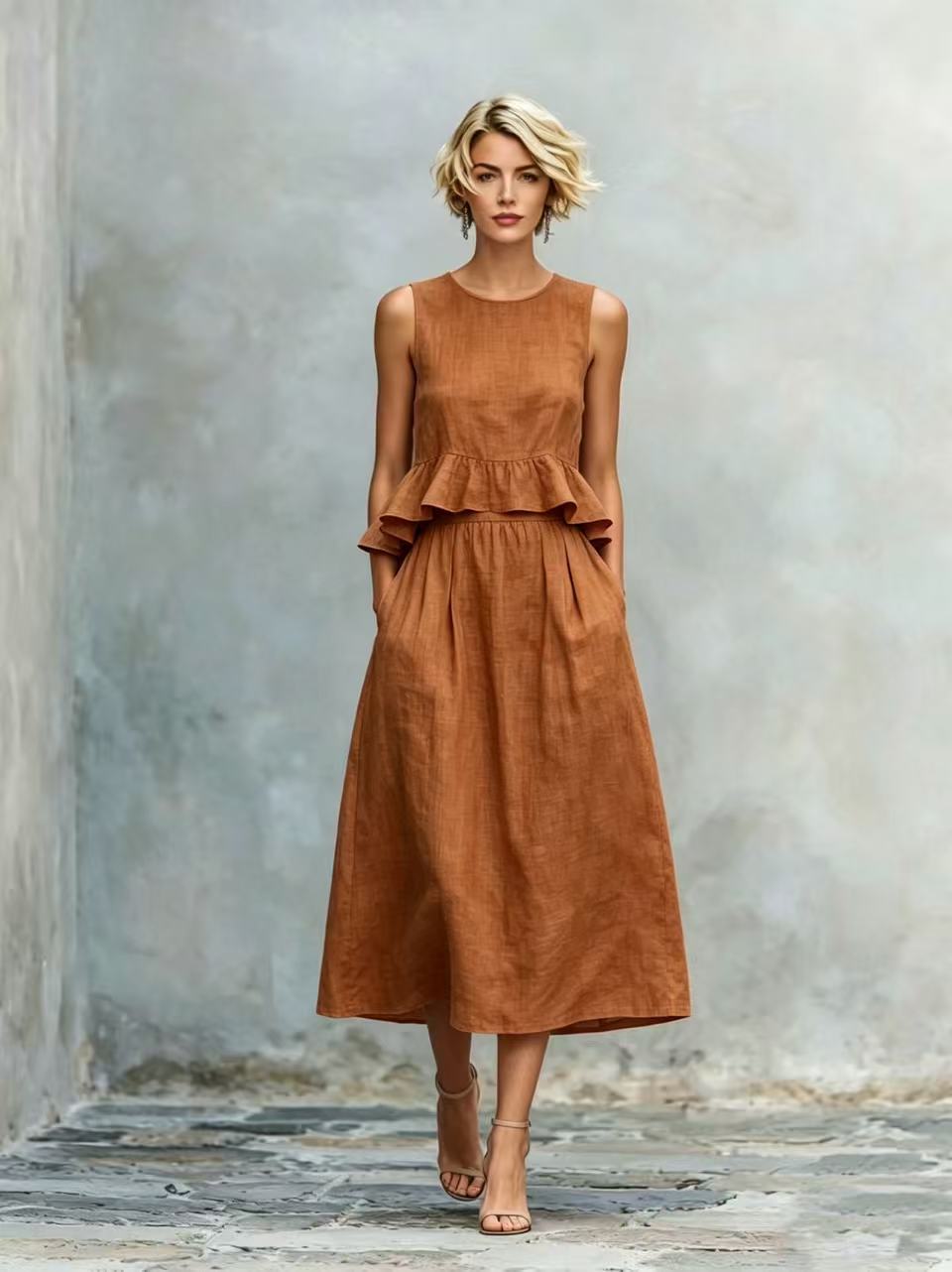 Sleeveless Crew-Neck High-Waisted Ruffle-Trim Resort-Style Dress