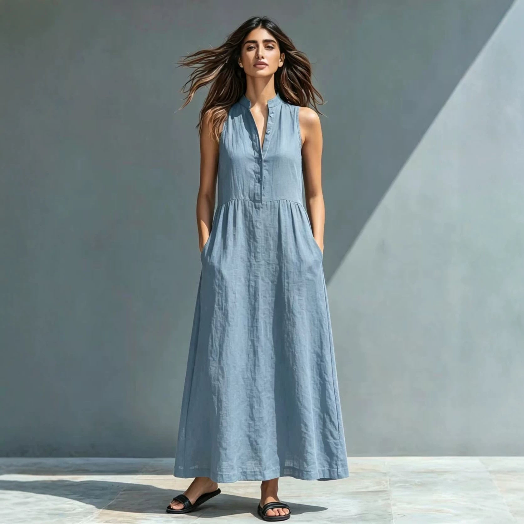 Resort-style Stand-collar Maxi Dress