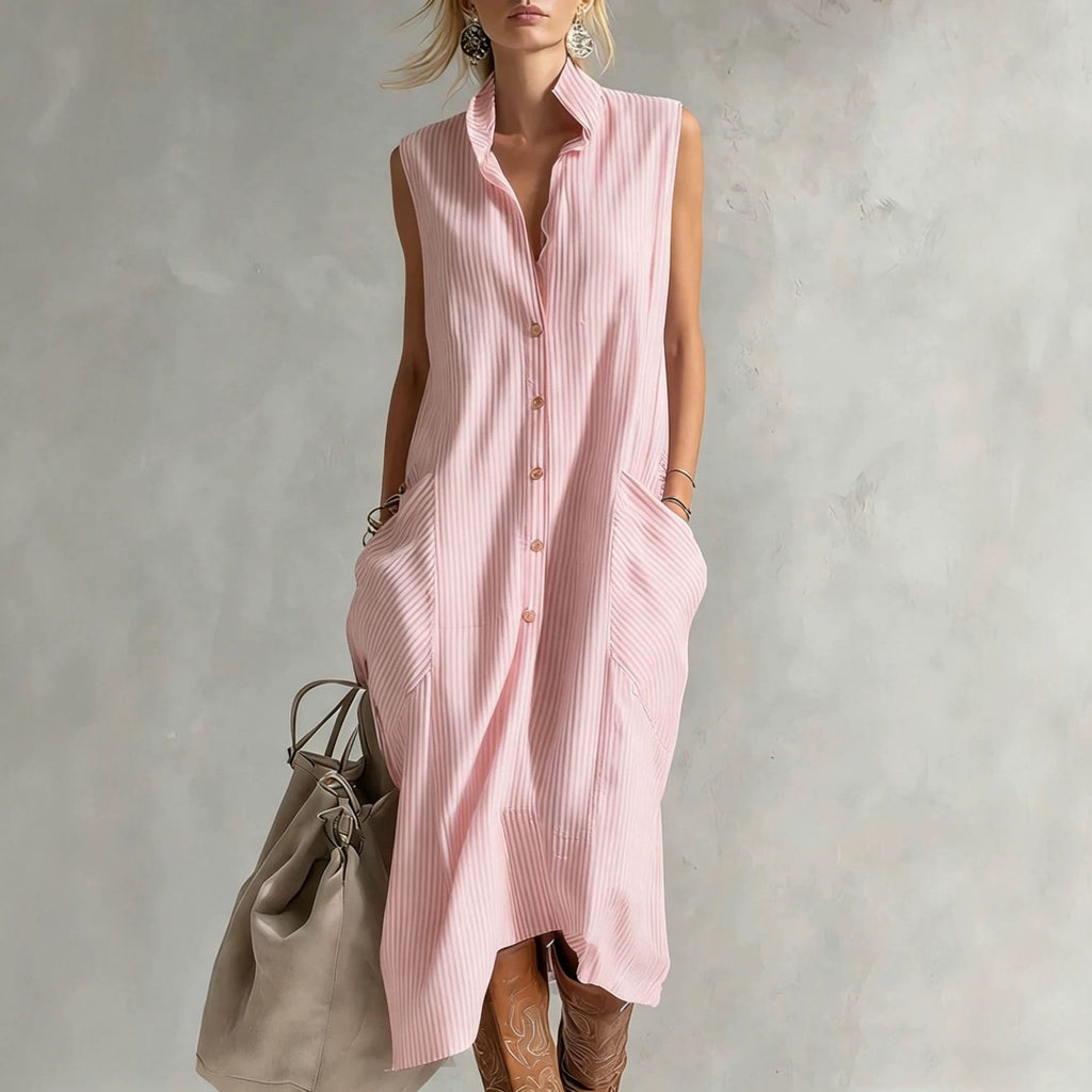 New Lapel-Neckline Pocketed Striped Sleeveless Button-Up Casual Dress