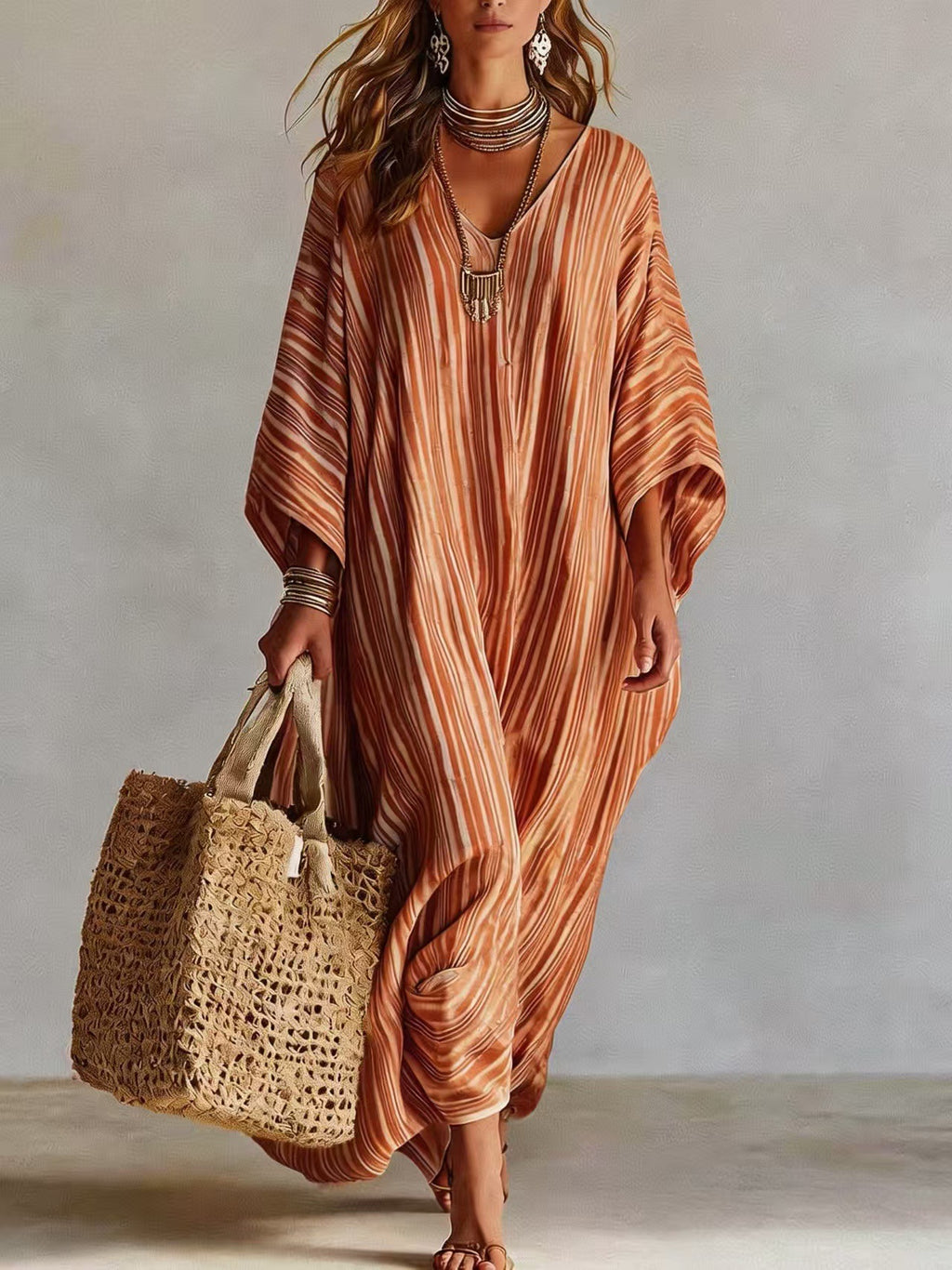 Linen V-neck Three-Quarter Sleeve Kaftan Long-Sleeve Womens