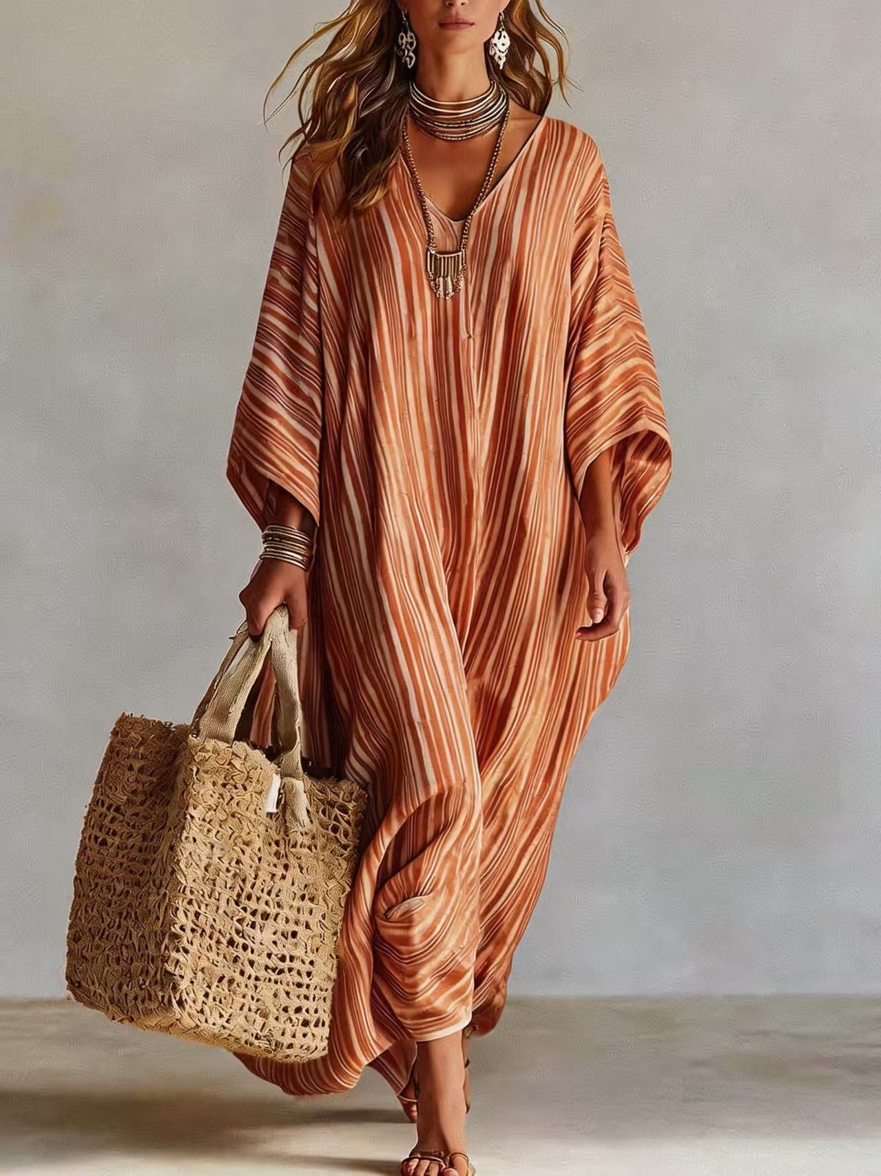 Linen V-neck Three-Quarter Sleeve Kaftan Long-Sleeve Womens