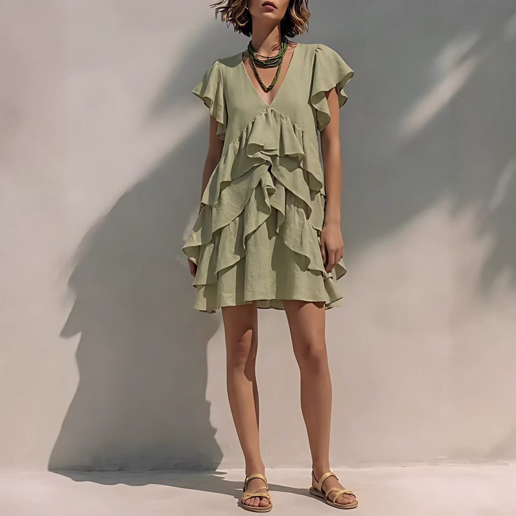 Women's V-Neck Ruffled-Edge Short-Sleeve Casual Loose Dress