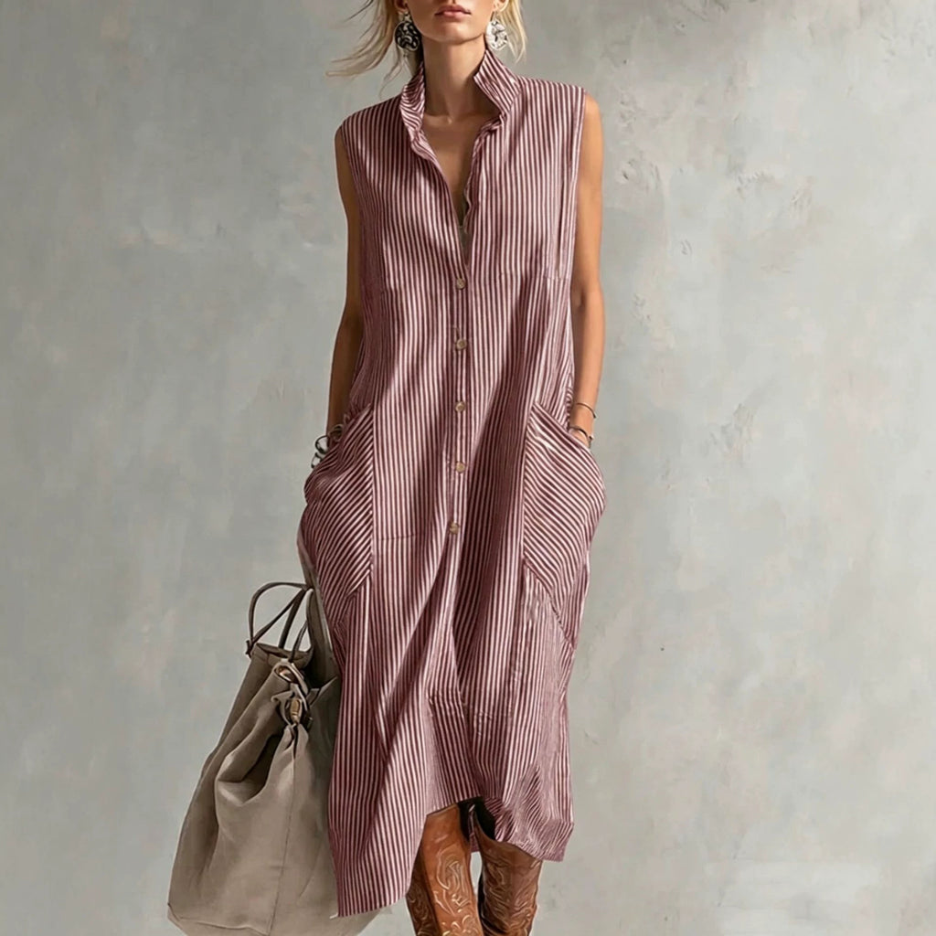 New Lapel-Neckline Pocketed Striped Sleeveless Button-Up Casual Dress