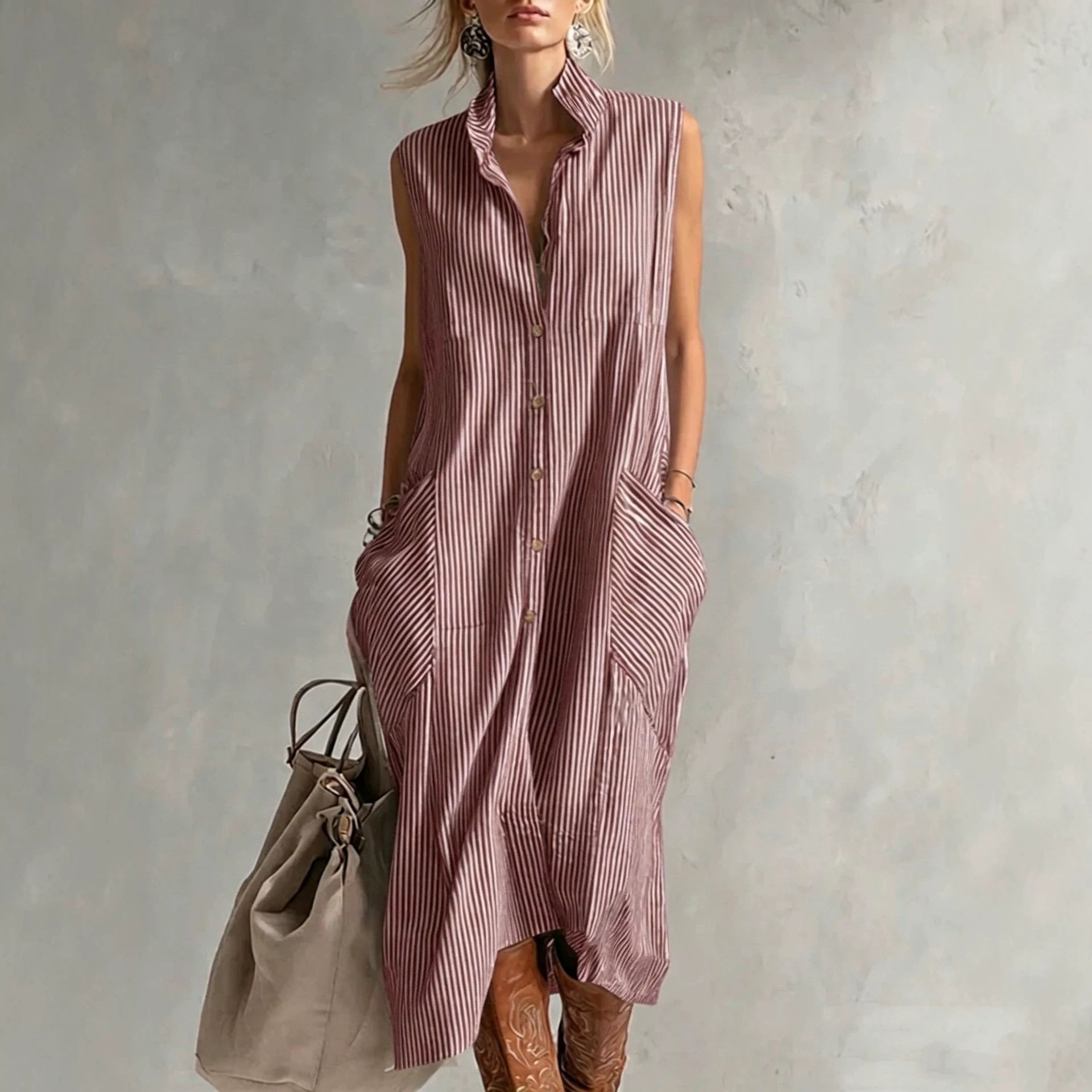 New Lapel-Neckline Pocketed Striped Sleeveless Button-Up Casual Dress