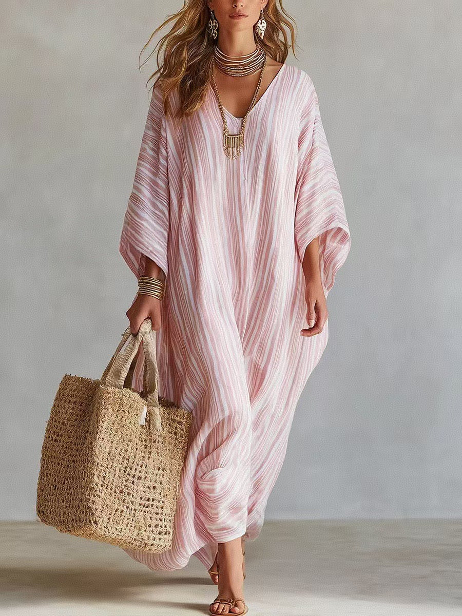 Linen V-neck Three-Quarter Sleeve Kaftan Long-Sleeve Womens