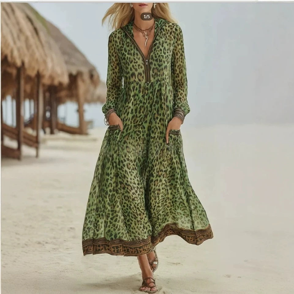Retro Casual Leopard-Print Hooded Maxi Dress