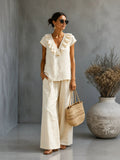 Women's V-neck Ruffled Hem Wide-leg Pants Set