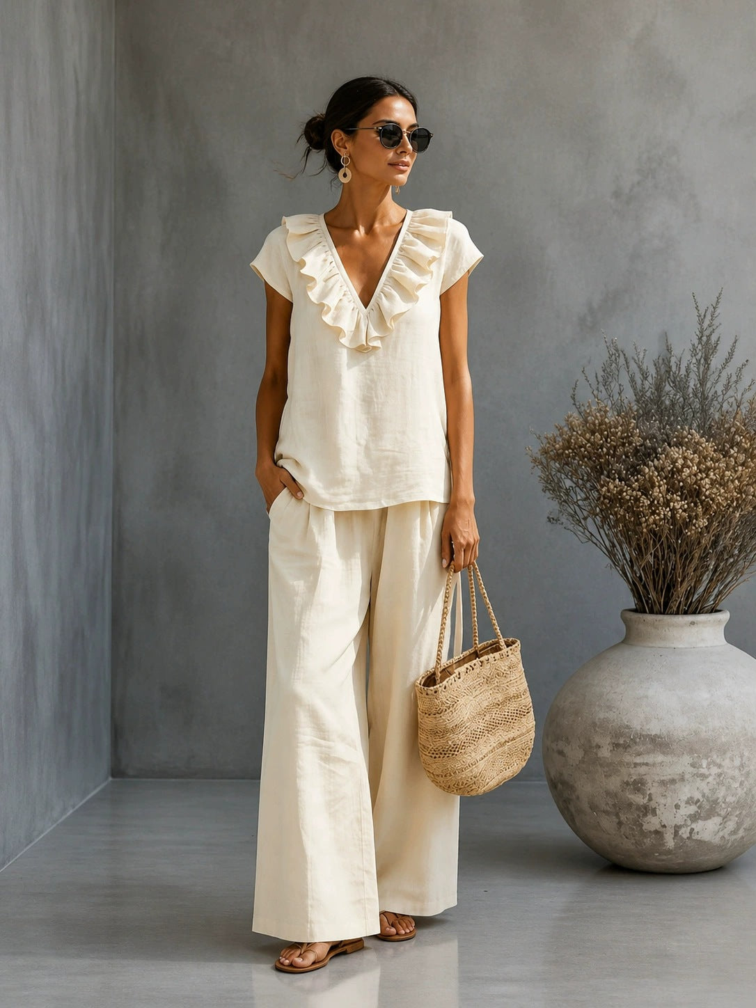 Women's V-neck Ruffled Hem Wide-leg Pants Set