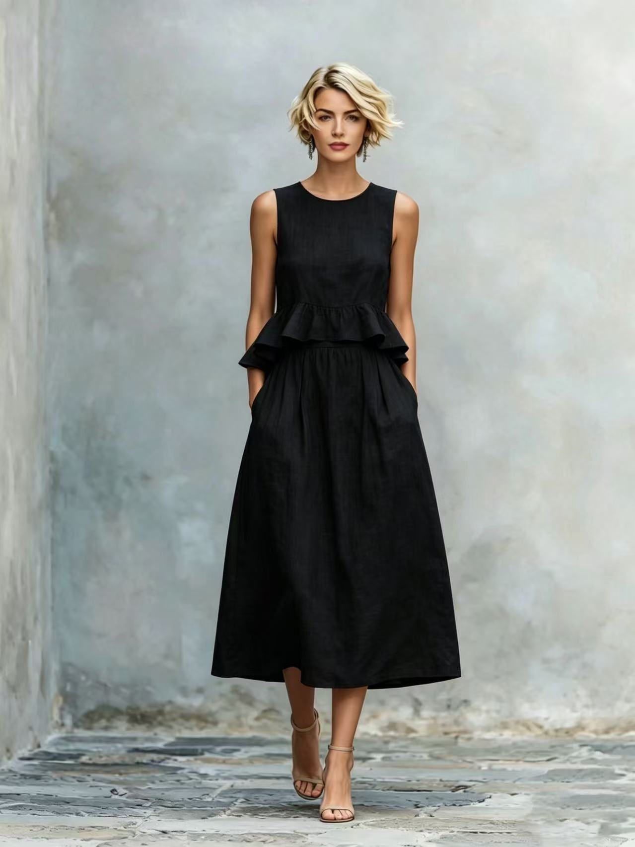 Sleeveless Crew-Neck High-Waisted Ruffle-Trim Resort-Style Dress